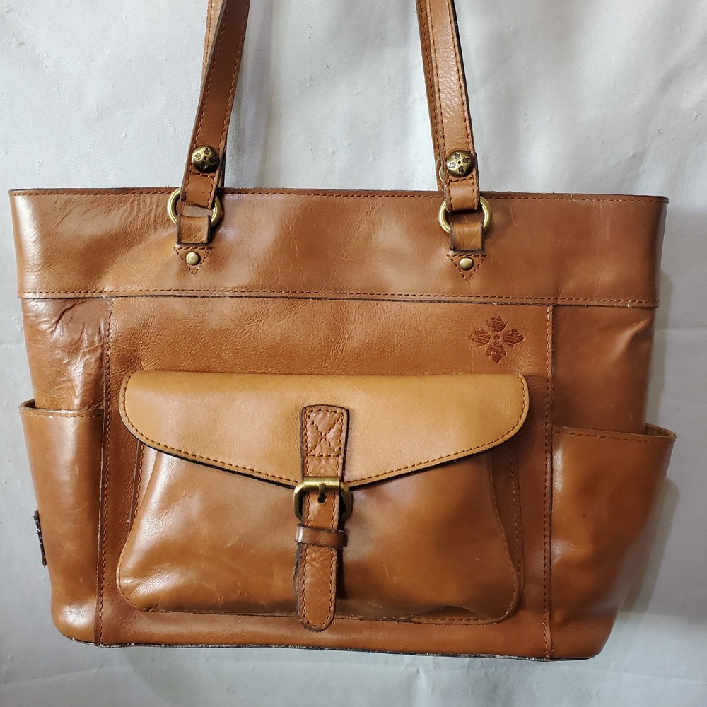 Patricia Nash Tan Leather Tote Bag Cognac Shoulder Bag Zip Top Buckle Pocket